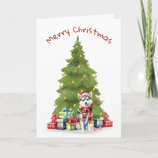 Cartes Pour Fêtes Annuelles Noël Sibérie Husky Avec Cadeaux (Devant)