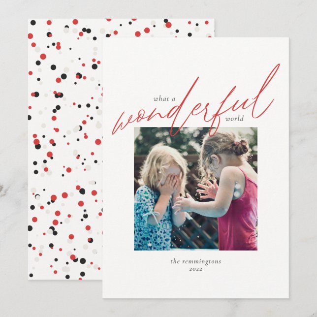 Cartes Pour Fêtes Annuelles Noël Simple Photo Rouge Ivoire Merveilleux Monde (Devant / Derrière)