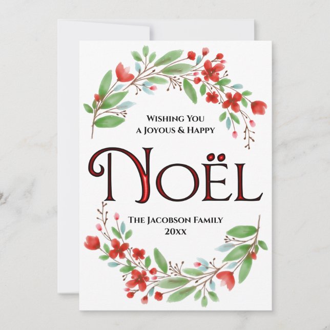Cartes Pour Fêtes Annuelles Noël Simple Rouge & Vert Aquarelle Florale (Devant)