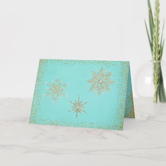Cartes Pour Fêtes Annuelles Noël Snowflakes Aqua & Gold (Devant)