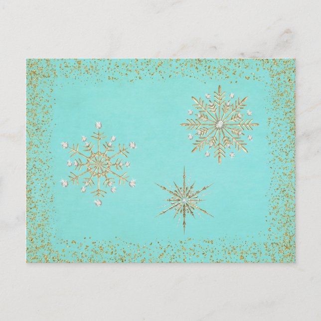 Cartes Pour Fêtes Annuelles Noël Snowflakes Aqua & Gold (Devant)