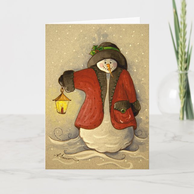 Cartes Pour Fêtes Annuelles Noël Snowman et Lantern 4910 (Devant)