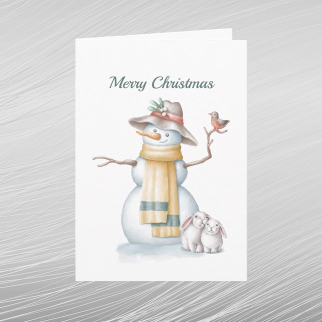 Cartes Pour Fêtes Annuelles Noël Snowman Rabbit Casquette Aquarelle (Créateur téléchargé)