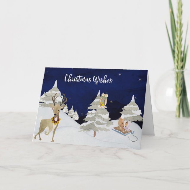 Cartes Pour Fêtes Annuelles Noël souhaite les animaux mignons d'aquarelle en (Devant)