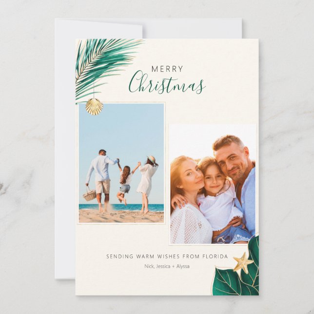 Cartes Pour Fêtes Annuelles Noël Tropical Vert et Or 2 photos (Devant)