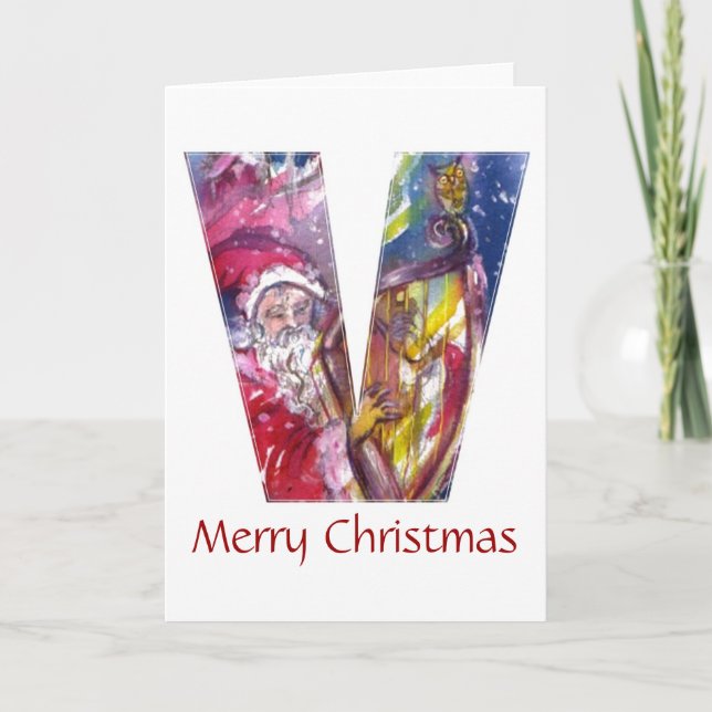 CARTES POUR FÊTES ANNUELLES NOËL V LETTRE / PÈRE NOËL JOUER AU HARP (Devant)