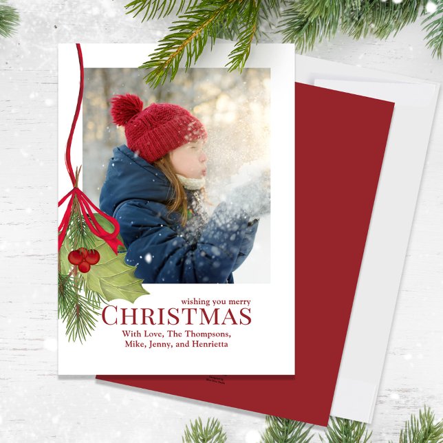 Cartes Pour Fêtes Annuelles Noël Vacances hiver Végétation Holly Photo (Merry Christmas Holly red calligraphy script and greenery photo card.)