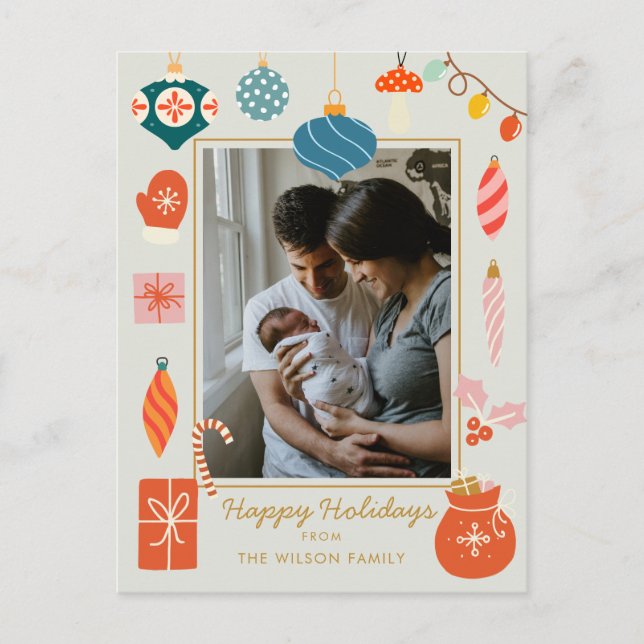 Cartes Pour Fêtes Annuelles Noël Vert Ornement mignonne Photo de famille (Devant)