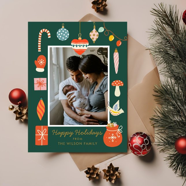 Cartes Pour Fêtes Annuelles Noël Vert Ornement mignonne Photo de famille (Créateur téléchargé)