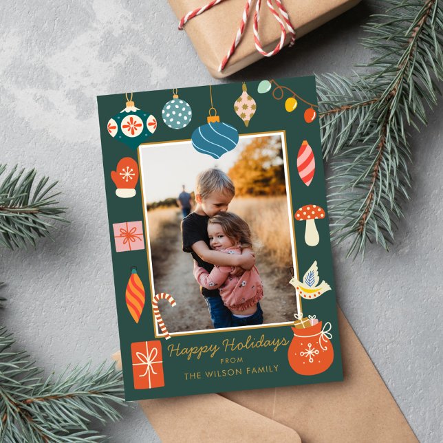 Cartes Pour Fêtes Annuelles Noël Vert Ornement mignonne Photo de famille (Créateur téléchargé)
