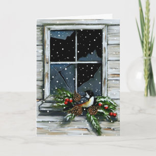 Cartes Pour Fêtes Annuelles Noël: Vielle fenêtre de grange : Oiseau, Neige : A