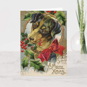Cartes Pour Fêtes Annuelles Noël vintage, Chien chiot de Dachshund avec Holly