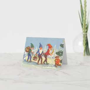 Cartes Pour Fêtes Annuelles Noël vintage, elfes dans la forêt de neige hiver
