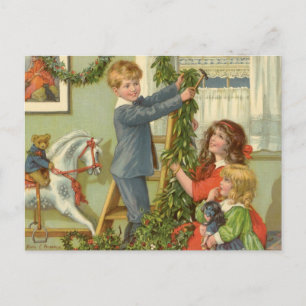 Cartes Pour Fêtes Annuelles Noël vintage, enfants victoriens décorant
