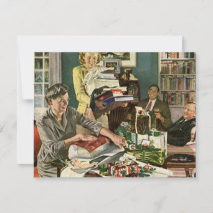 Cartes Pour Fêtes Annuelles Noël vintage, famille heureuse emballant des cadea