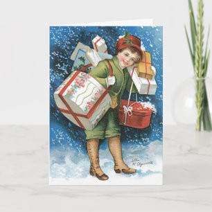Cartes Pour Fêtes Annuelles Noël vintage, fille avec des cadeaux dans la neige