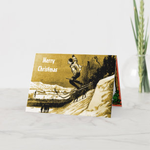 Cartes Pour Fêtes Annuelles Noël vintage, gagnant de course de ski, or