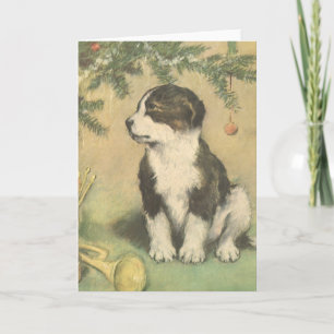 Cartes Pour Fêtes Annuelles Noël Vintage, Joli Chiot Sous Arbre De Noël