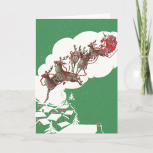 Cartes Pour Fêtes Annuelles Noël Vintage, Jolly Santa Claus Flying Sleigh