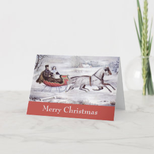 Cartes Pour Fêtes Annuelles Noël Vintage, La Route Hiver, Cheval Sleigh