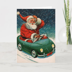 Cartes Pour Fêtes Annuelles Noël vintage, le Père Noël dans une jolie voiture