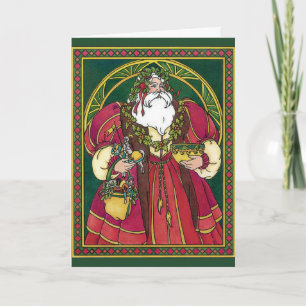 Cartes Pour Fêtes Annuelles Noël Vintage, Père Noël avec Feuilles Holly