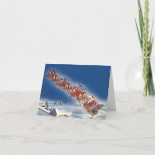Cartes Pour Fêtes Annuelles Noël Vintage, Père Noël Flying Sleigh w Reindeer