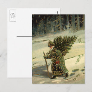 Cartes Pour Fêtes Annuelles Noël vintage, Père Noël portant un arbre
