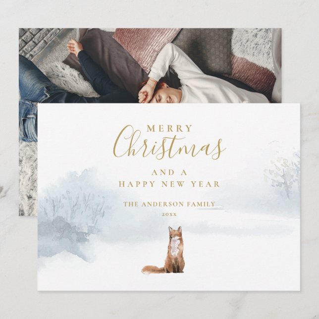 Cartes Pour Fêtes Annuelles Noël Winter Fox Elegant Gold Script Photo (Devant / Derrière)