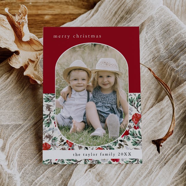 Cartes Pour Fêtes Annuelles NOELLE Red Floral Motif Famille Photo Noël (NOELLE Red Floral Pattern Family Photo Christmas Holiday Card)