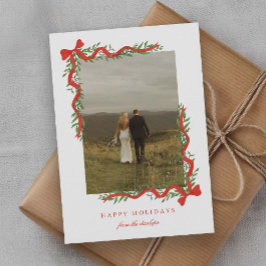 Cartes Pour Fêtes Annuelles Nœud Rouge Élégant avec Photo de Verdure