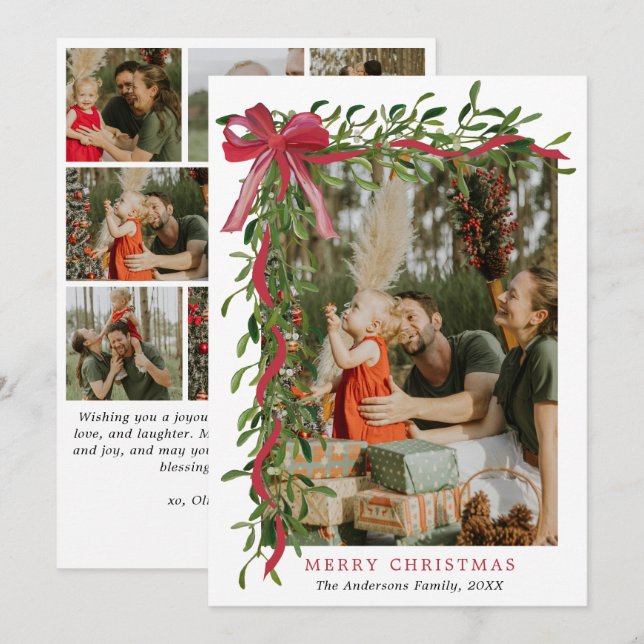 Cartes Pour Fêtes Annuelles Nœud Rouge Élégant Gui Noël Multi Photo (Devant / Derrière)