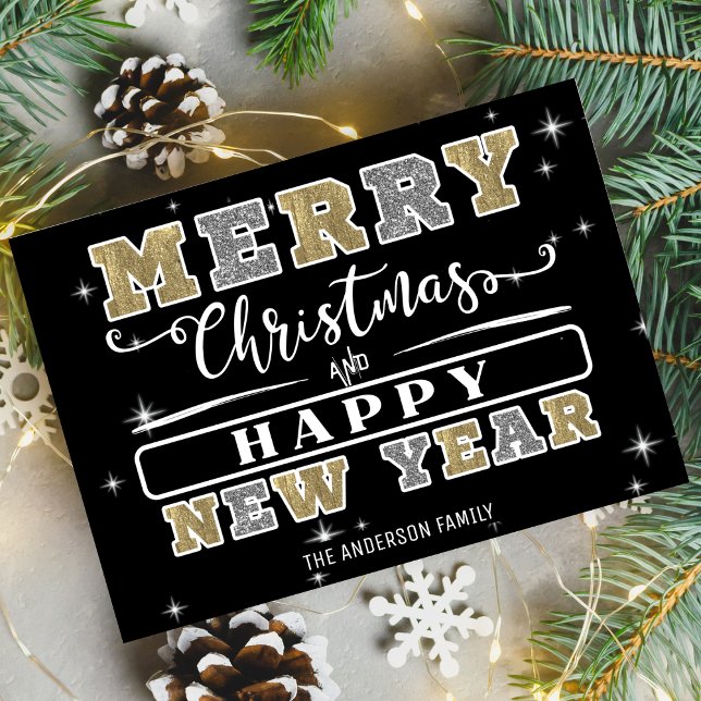 Cartes Pour Fêtes Annuelles Noir Argent & Or Joyeux Noël Bonne Année (Black Silver & Gold Merry Christmas Happy New Year Holiday Card)