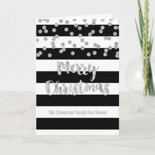 Cartes Pour Fêtes Annuelles Noir Bande Argent Confetti Noël Nouvelle adresse