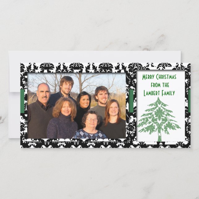 Cartes Pour Fêtes Annuelles Noir & blanc Damas vert Arbre Joyeux Noël (Devant)