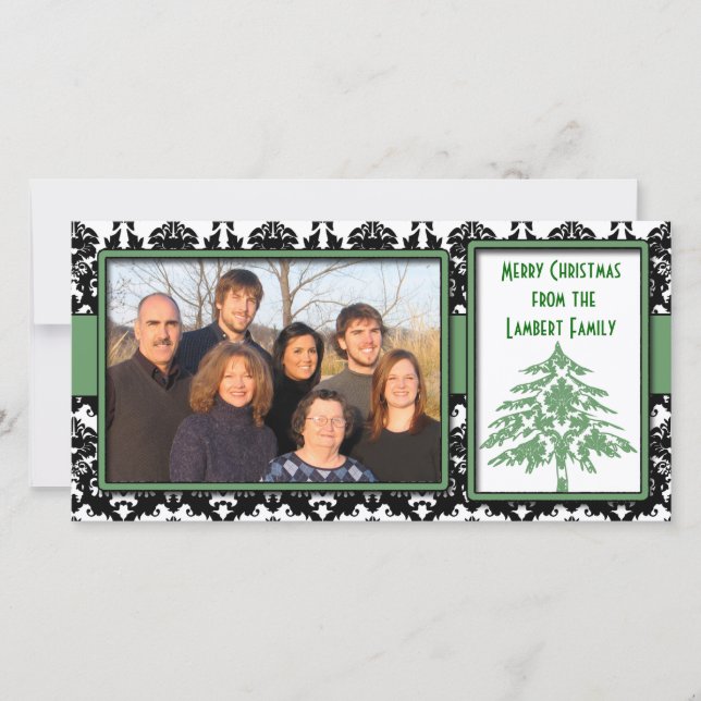 Cartes Pour Fêtes Annuelles Noir & blanc Damas vert Arbre Joyeux Noël (Devant)