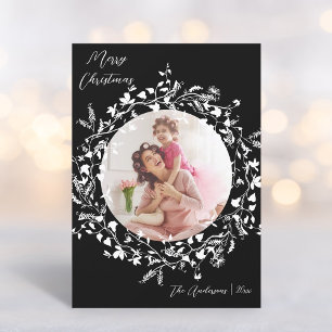 Cartes Pour Fêtes Annuelles Noir & Blanc Elegant Boho Fleur sauvage Noël
