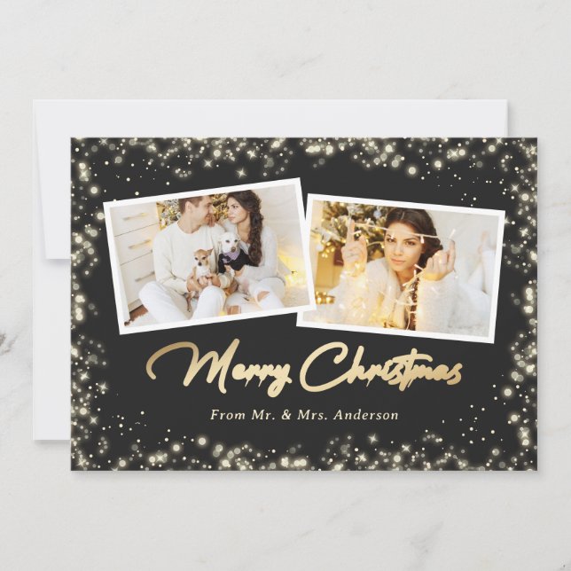 Cartes Pour Fêtes Annuelles Noir Blanc Noir Or Plaid Photo Noël (Devant)