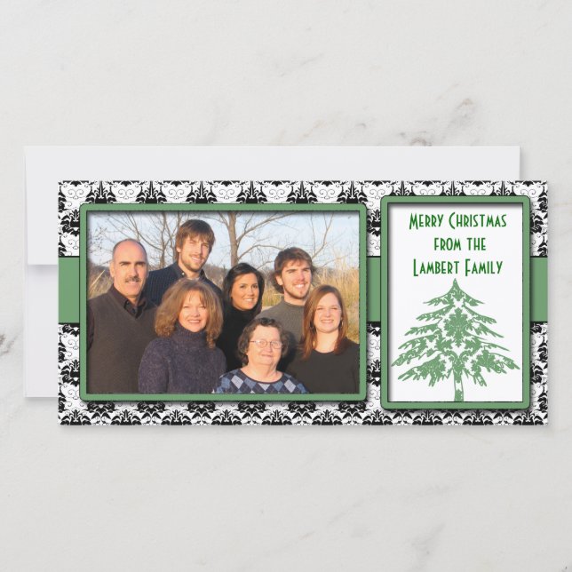 Cartes Pour Fêtes Annuelles Noir et blanc Damas GreenTree Joyeux Noël (Devant)