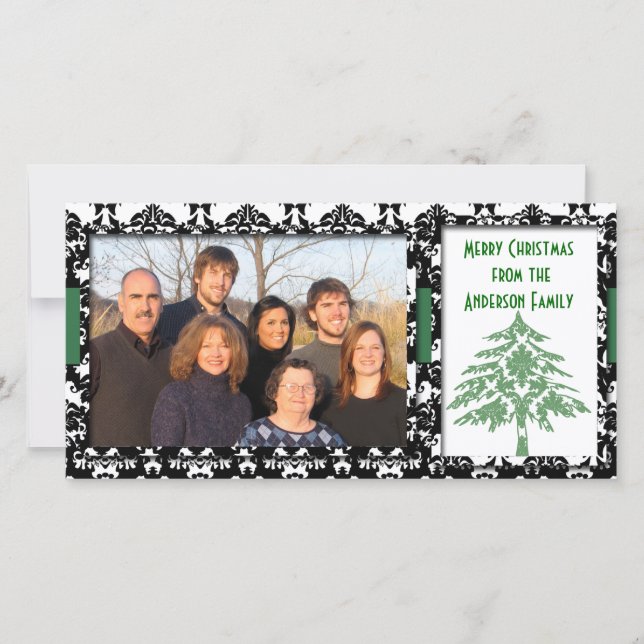 Cartes Pour Fêtes Annuelles Noir et blanc Damas GreenTree Joyeux Noël (Devant)