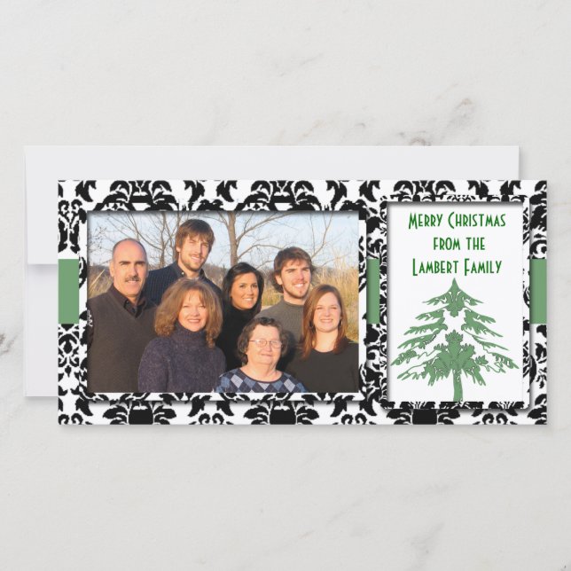 Cartes Pour Fêtes Annuelles Noir et blanc Damas GreenTree Joyeux Noël (Devant)