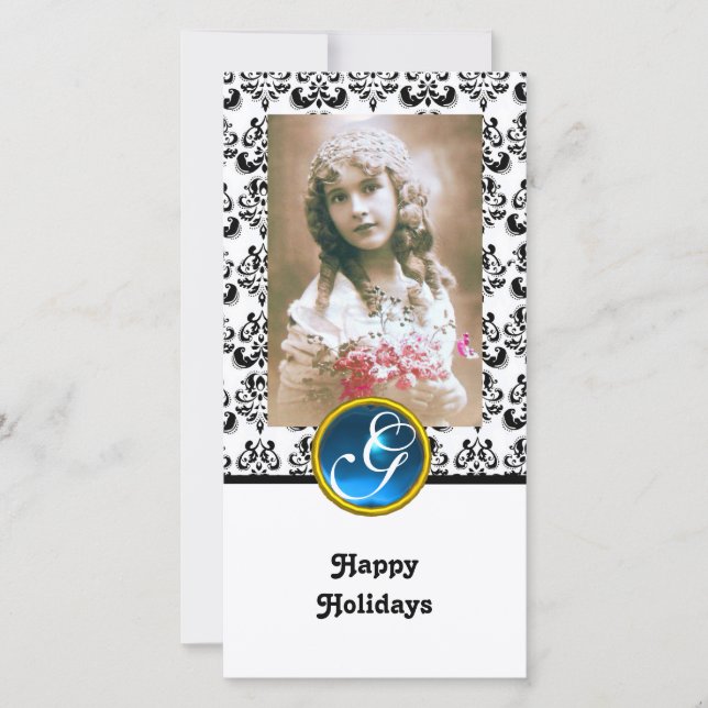 Cartes Pour Fêtes Annuelles NOIR ET BLANC DAMASK Sapphire Bleu Monogramme (Devant)