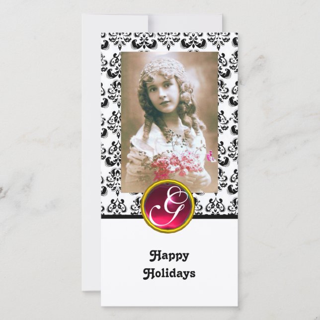 Cartes Pour Fêtes Annuelles NOIR ET BLANC DOMMASQUE Rouge Rubis Monogramme (Devant)