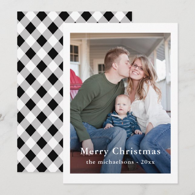 Cartes Pour Fêtes Annuelles Noir et blanc Plaid Photo Holiday (Devant / Derrière)