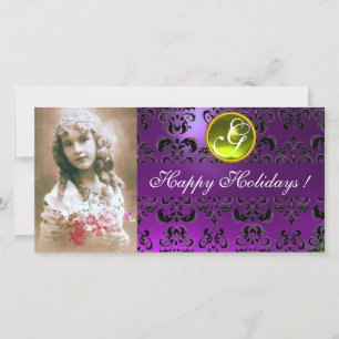 Cartes Pour Fêtes Annuelles NOIR ET PURPLE DAMASK Yellow Topaz Monogramme