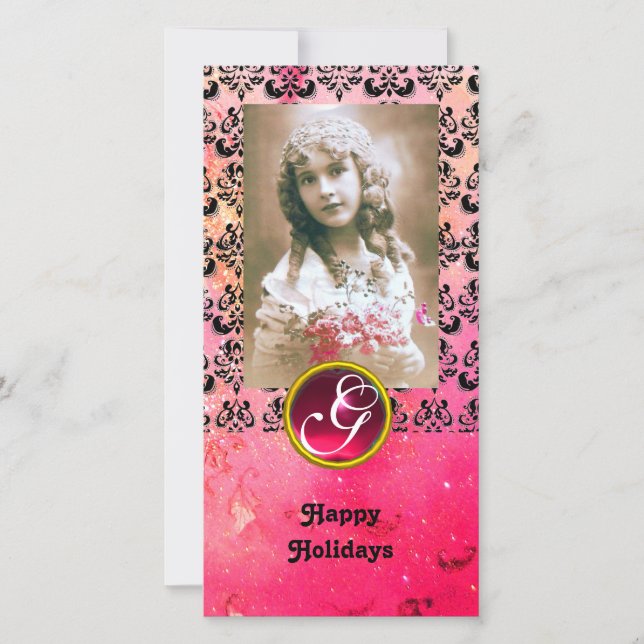 Cartes Pour Fêtes Annuelles NOIR ET ROSE DAMASK Roubis rouge Monogramme (Devant)