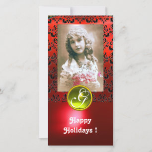 Cartes Pour Fêtes Annuelles NOIR ET ROUGE DAMASK Yellow Topaz Monogramme