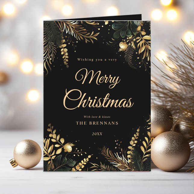 Cartes Pour Fêtes Annuelles Noir Gold Vert Moderne Elégant Noël (Black Gold Greenery Modern Elegant Christmas Holiday Card)