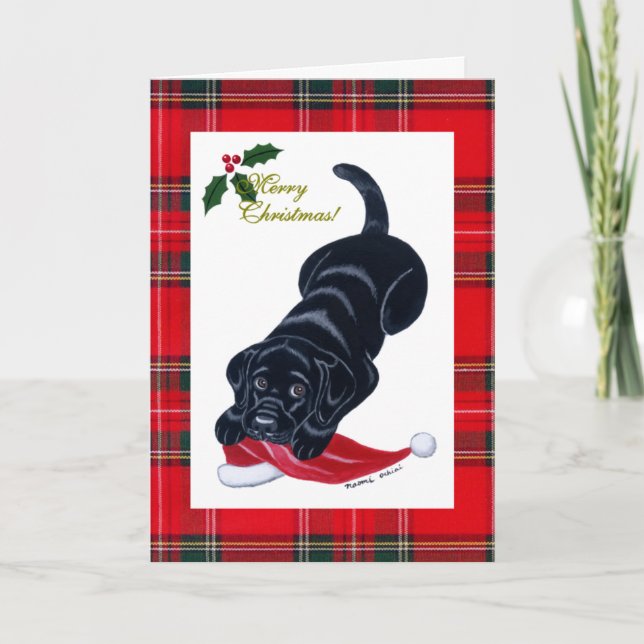 Cartes Pour Fêtes Annuelles Noir Labrador Chiot et Santa Hat Noël (Devant)