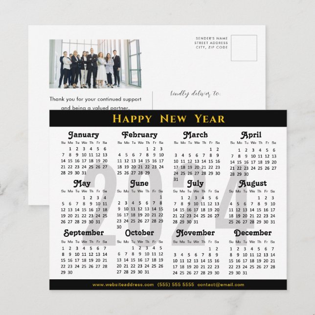 Cartes Pour Fêtes Annuelles Noir moderne 2024 Calendrier Entreprise Photo Simp (Devant / Derrière)